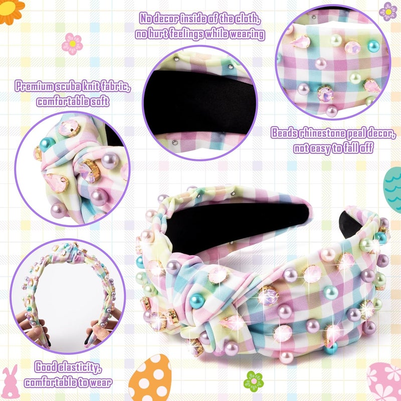 PANTIDE Easter Jeweled Knotted Headband - Colorful Pearl Rhinestone Beads Embellished Headband Non Slip Wide Top Knot Costume Hairband Hair Accessories Spring Birthday Gift for Women Girls (Plaid) - Image 3